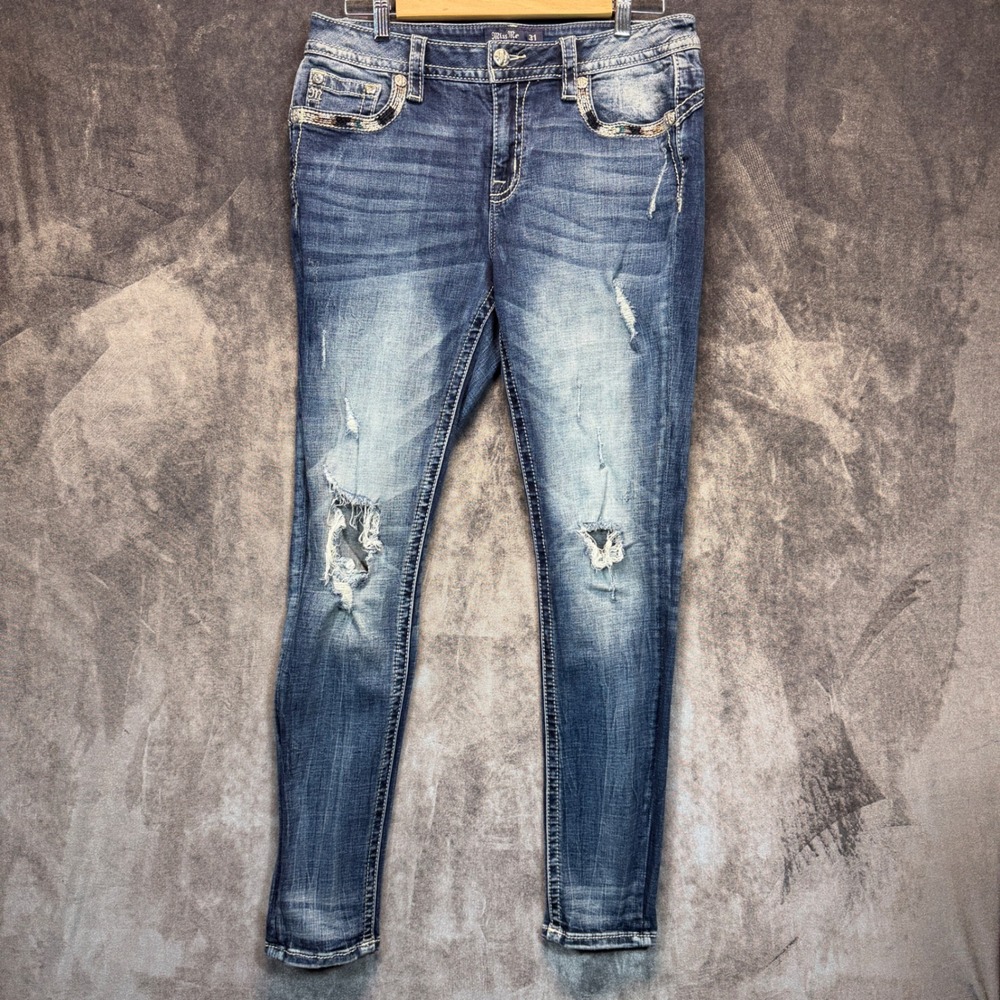 Miss Me Jeans Womens 31 Blue Denim Skinny Mid Rise Distressed Embellished Casual